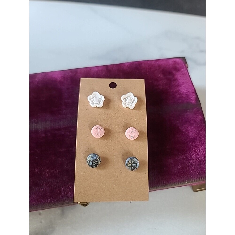 Polymer Clay Floral Stud Earrings New, Set Of Three